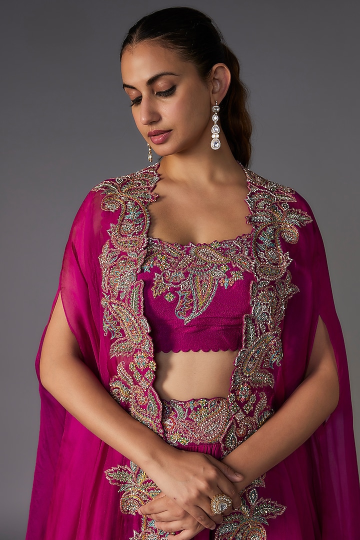 Magenta Pink Organza Zardosi Embroidered Cape Set by Mrunalini Rao at Pernia's Pop Up Shop