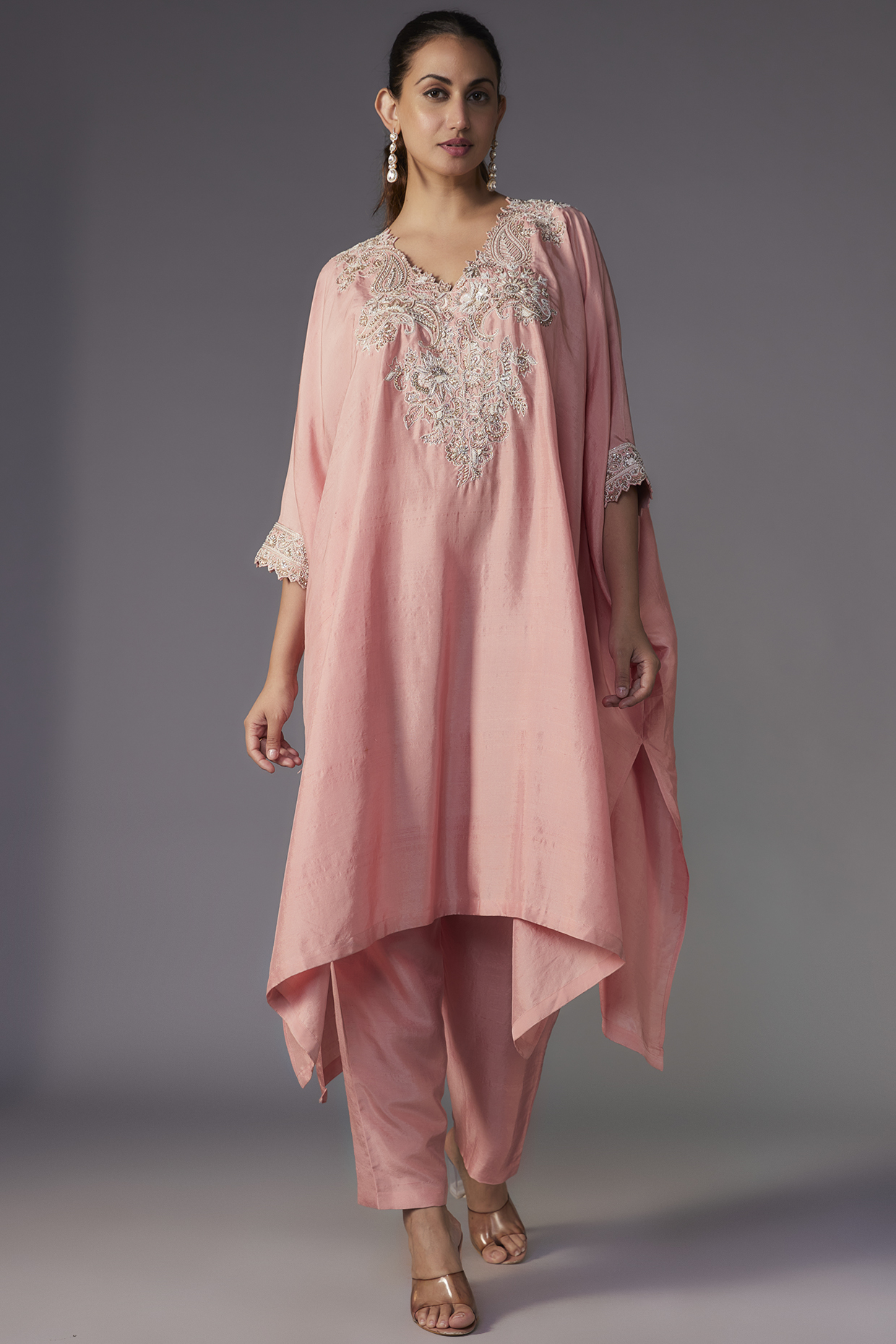 Peach Pure Silk Zardosi Embroidered Kaftan Set by Mrunalini Rao at Pernia's Pop Up Shop