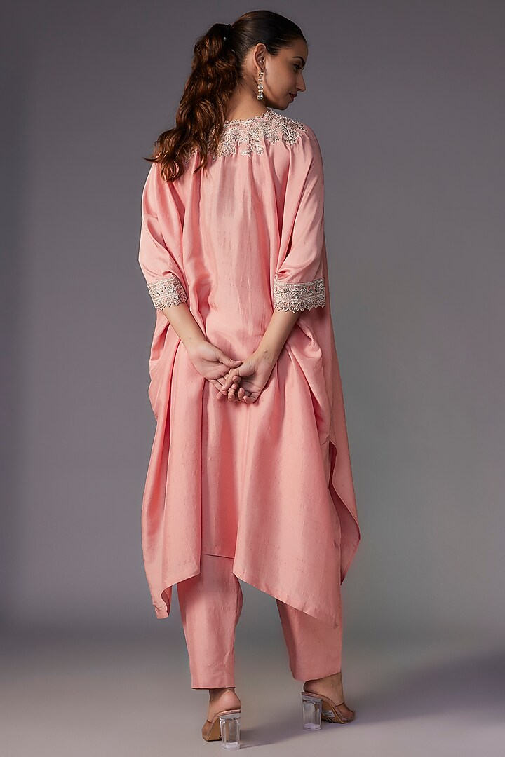 Peach Pure Silk Zardosi Embroidered Kaftan Set by Mrunalini Rao at Pernia's Pop Up Shop
