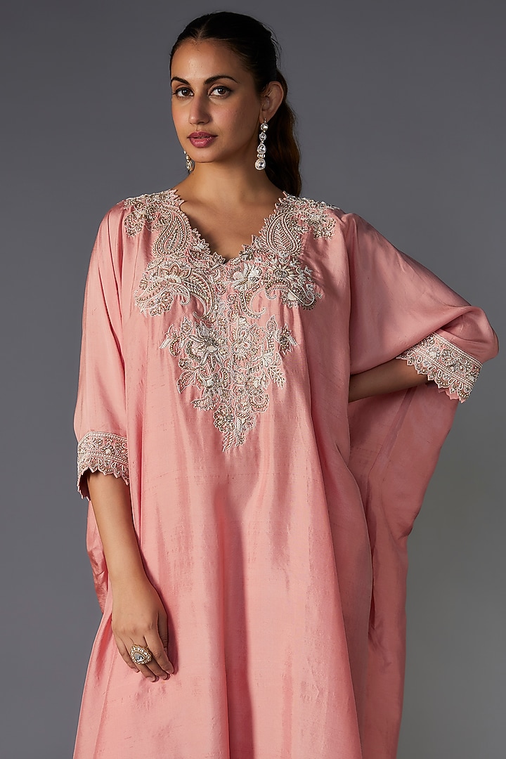 Peach Pure Silk Zardosi Embroidered Kaftan Set by Mrunalini Rao at Pernia's Pop Up Shop