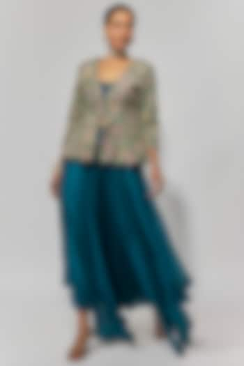 Teal Raw Silk Zardosi Embroidered Jacket Set by Mrunalini Rao at Pernia's Pop Up Shop