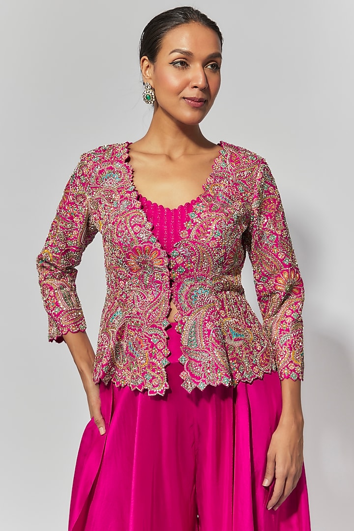 Fuchsia Raw Silk Zardosi Embroidered Jacket Set by Mrunalini Rao at Pernia's Pop Up Shop