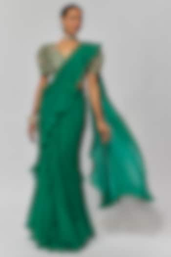 Green Chiffon Ruffled Saree Set by Mrunalini Rao at Pernia's Pop Up Shop