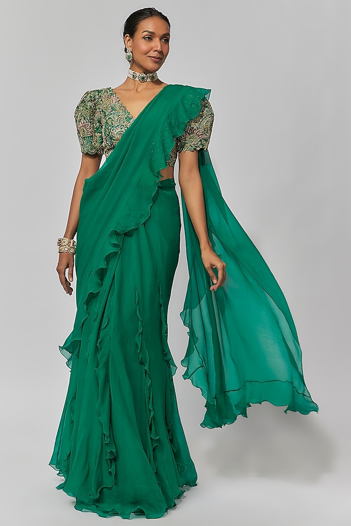 Green Chiffon Ruffled Saree Set by Mrunalini Rao at Pernia's Pop Up Shop