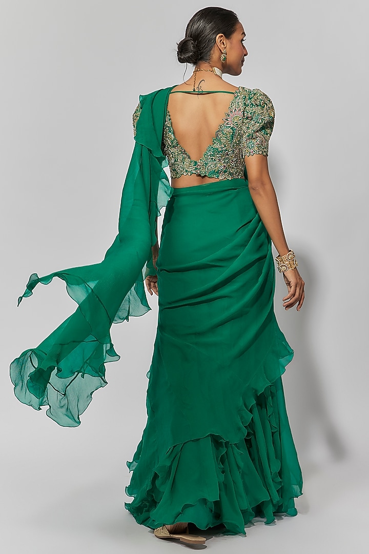 Green Chiffon Ruffled Reception Saree Set by Mrunalini Rao at Pernia's Pop Up Shop