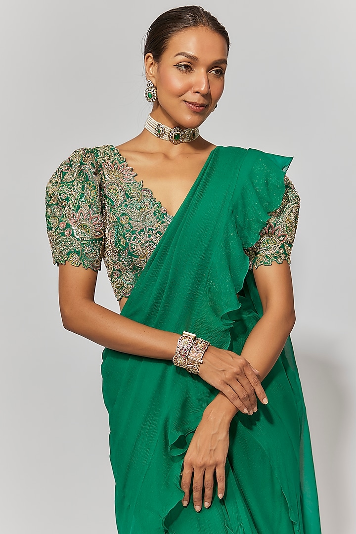 Green Chiffon Ruffled Reception Saree Set by Mrunalini Rao at Pernia's Pop Up Shop