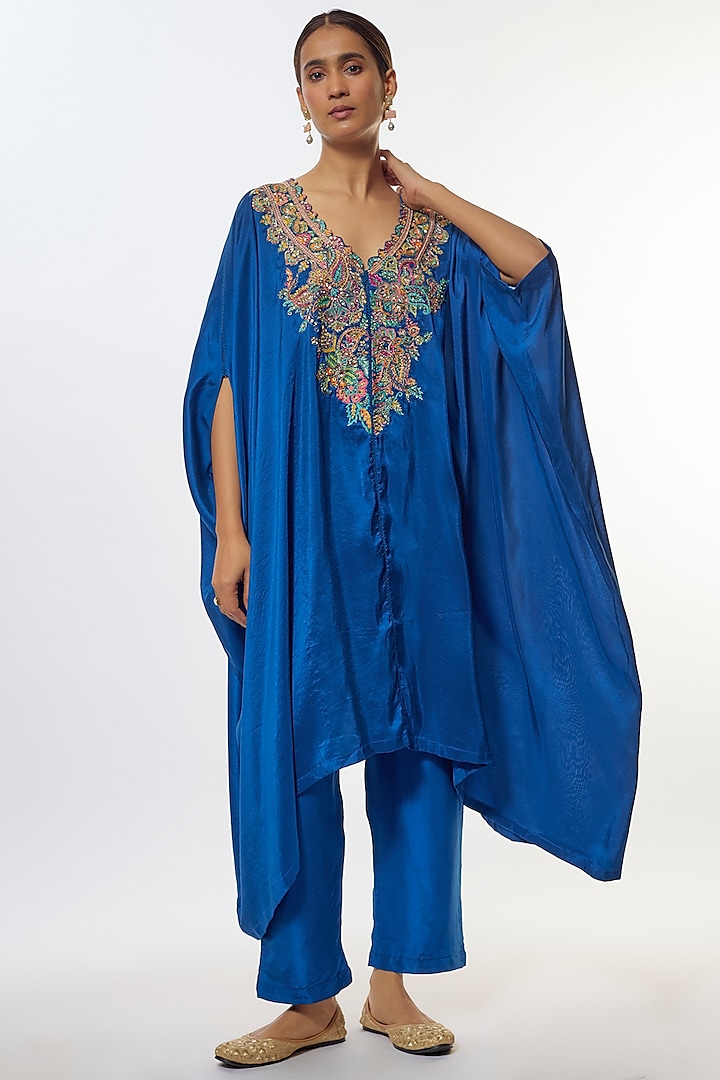 Blue Pure Silk Zardosi Embroidered Kaftan Set by Mrunalini Rao at Pernia's Pop Up Shop