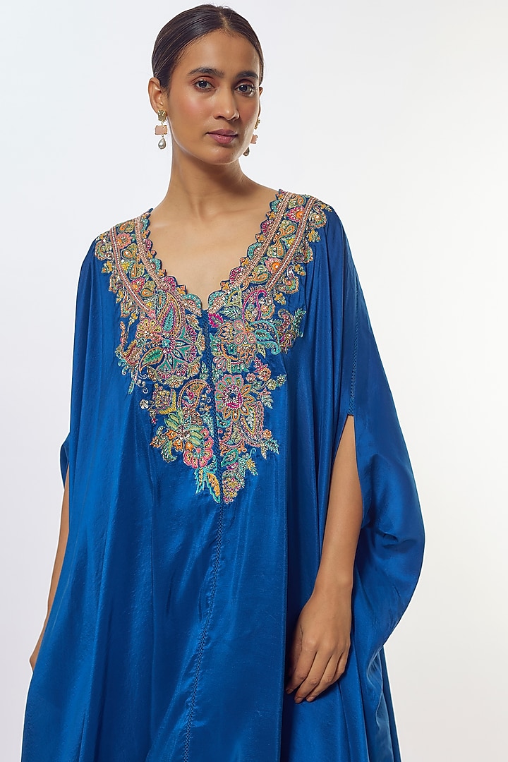 Blue Pure Silk Zardosi Embroidered Kaftan Set by Mrunalini Rao at Pernia's Pop Up Shop