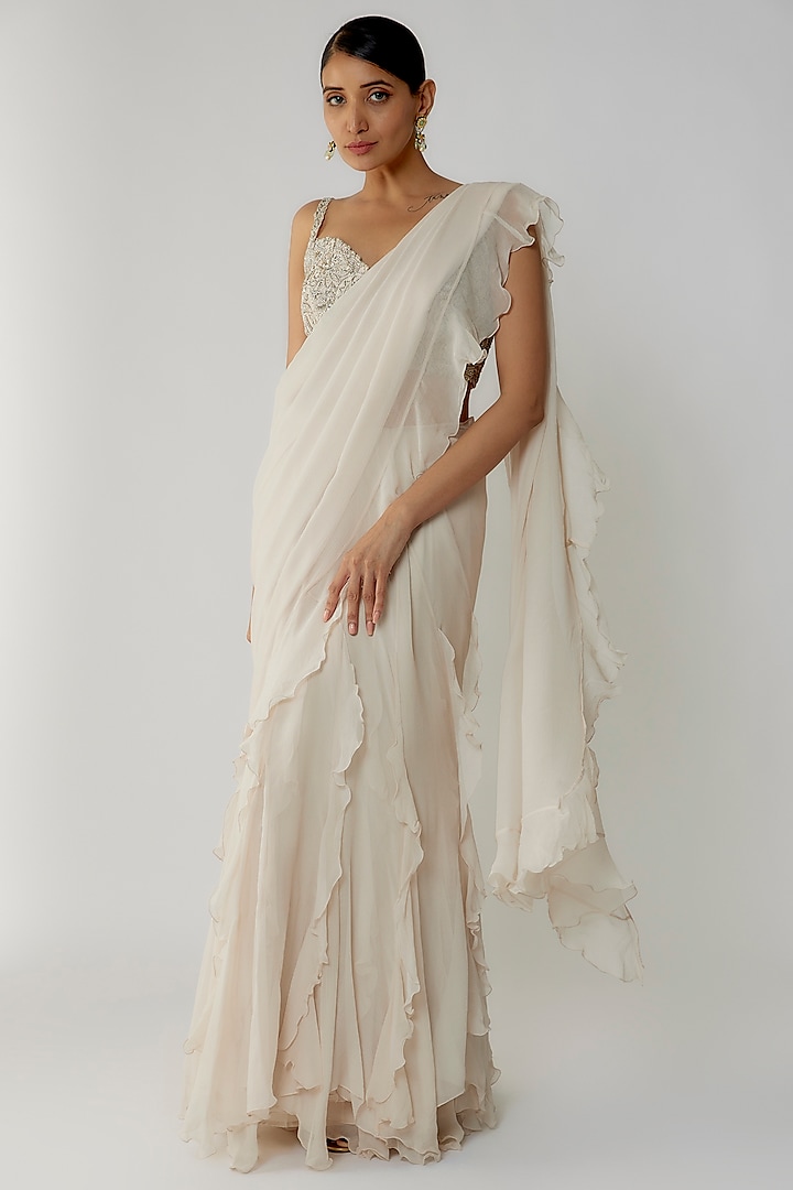 Ivory Chiffon Ruffled Saree Set by Mrunalini Rao