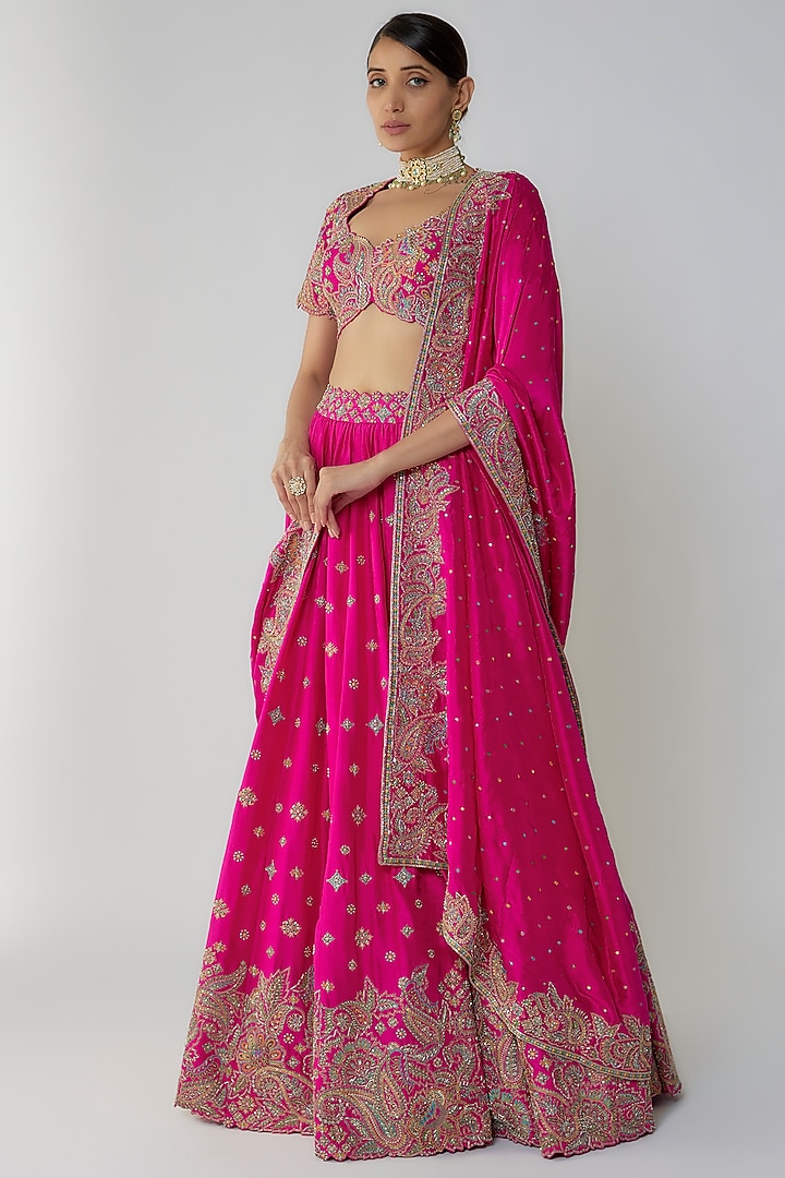 Fuchsia Pure Silk Zardosi Embroidered Bridal lehenga for 22 Lehenga Set by Mrunalini Rao at Pernia's Pop Up Shop