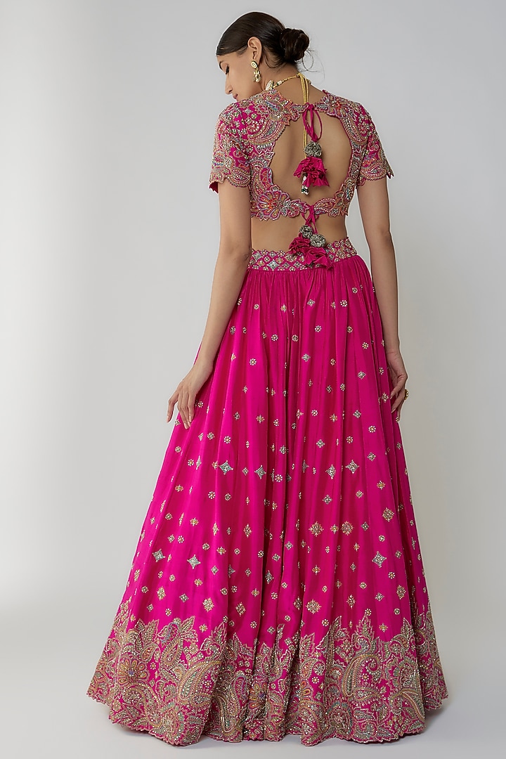 Fuchsia Pure Silk Zardosi Embroidered Bridal Lehenga Set by Mrunalini Rao at Pernia's Pop Up Shop