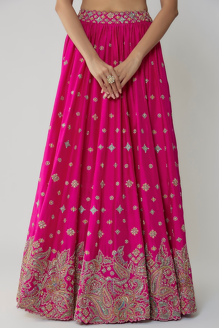 Fuchsia Pure Silk Zardosi Embroidered Bridal Lehenga Set by Mrunalini Rao at Pernia's Pop Up Shop