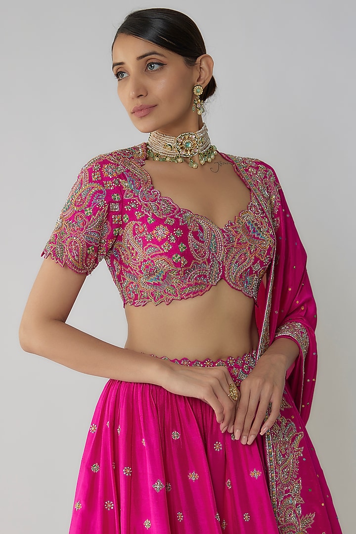 Fuchsia Pure Silk Zardosi Embroidered Bridal Lehenga Set by Mrunalini Rao at Pernia's Pop Up Shop