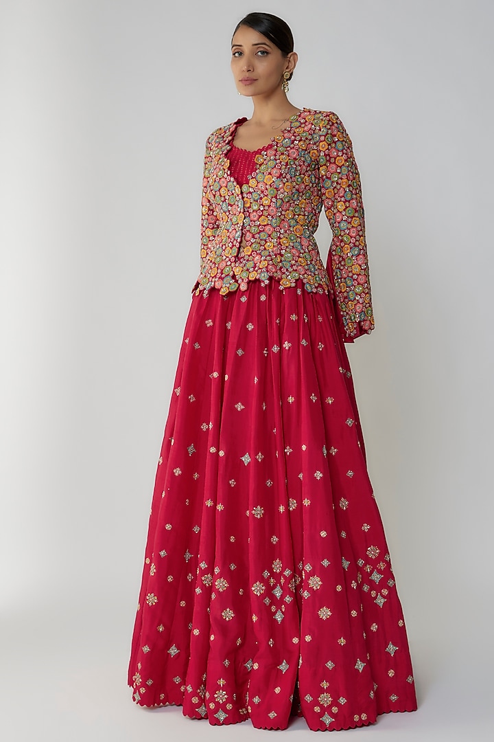 Red Dupion Silk Zardosi Embroidered Jacket Bridal Lehenga Set by Mrunalini Rao at Pernia's Pop Up Shop