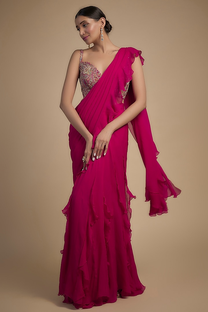 Hot Pink Chiffon Ruffled Saree Set by Mrunalini Rao at Pernia's Pop Up Shop