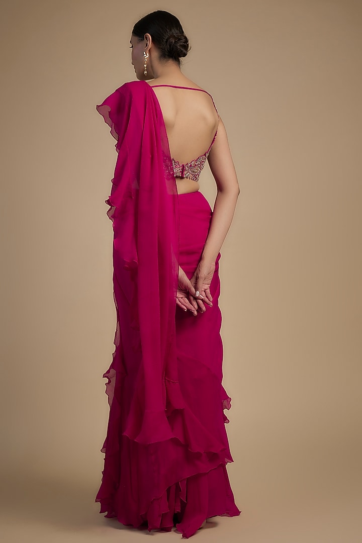 Hot Pink Chiffon Ruffled Reception Saree Set by Mrunalini Rao at Pernia's Pop Up Shop