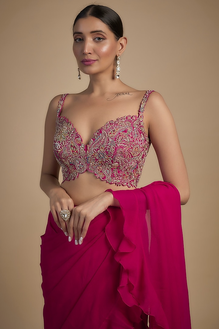 Hot Pink Chiffon Ruffled Reception Saree Set by Mrunalini Rao at Pernia's Pop Up Shop