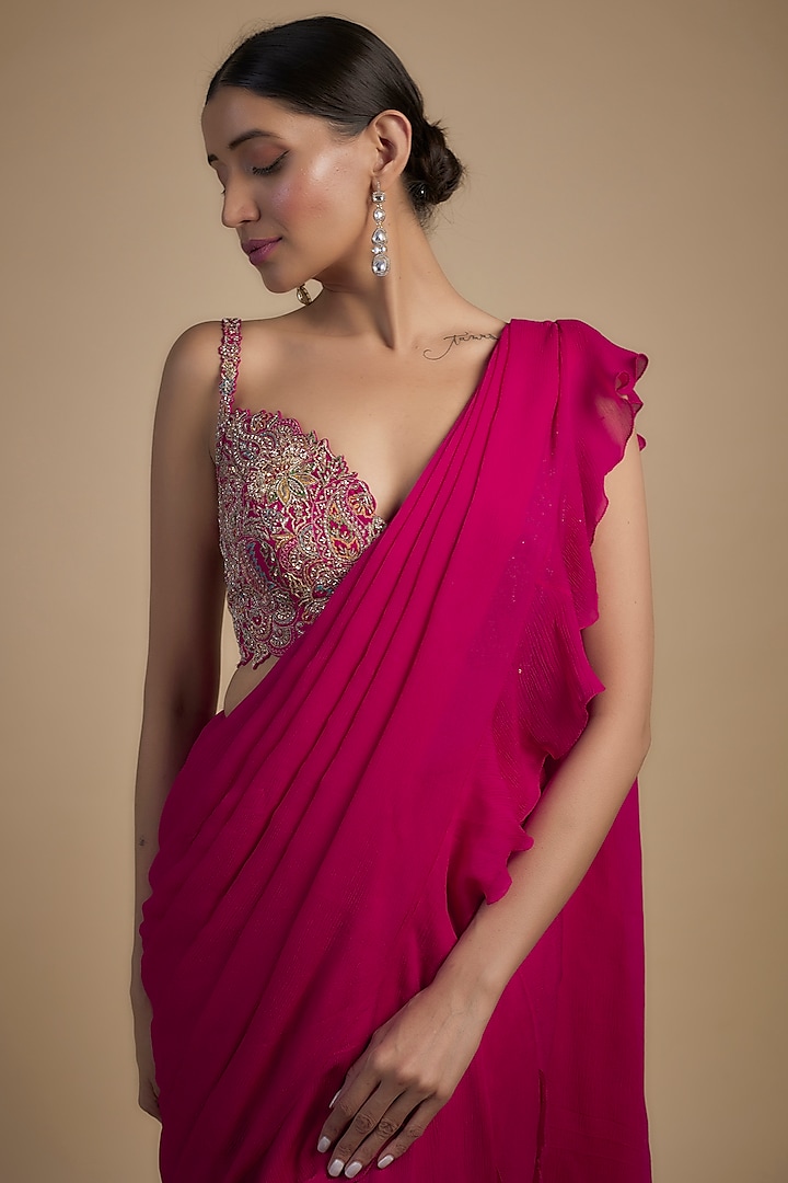 Hot Pink Chiffon Ruffled Reception Saree Set by Mrunalini Rao at Pernia's Pop Up Shop