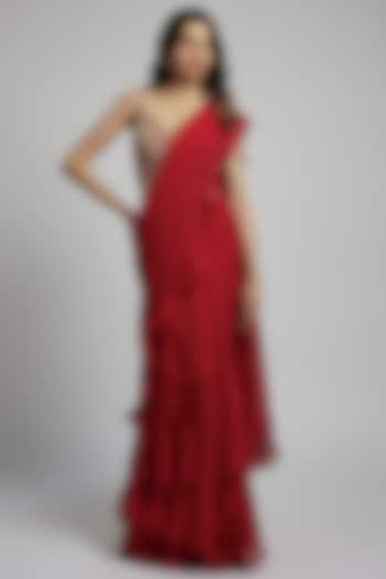 Red Chiffon Ruffled Saree Set by Mrunalini Rao at Pernia's Pop Up Shop