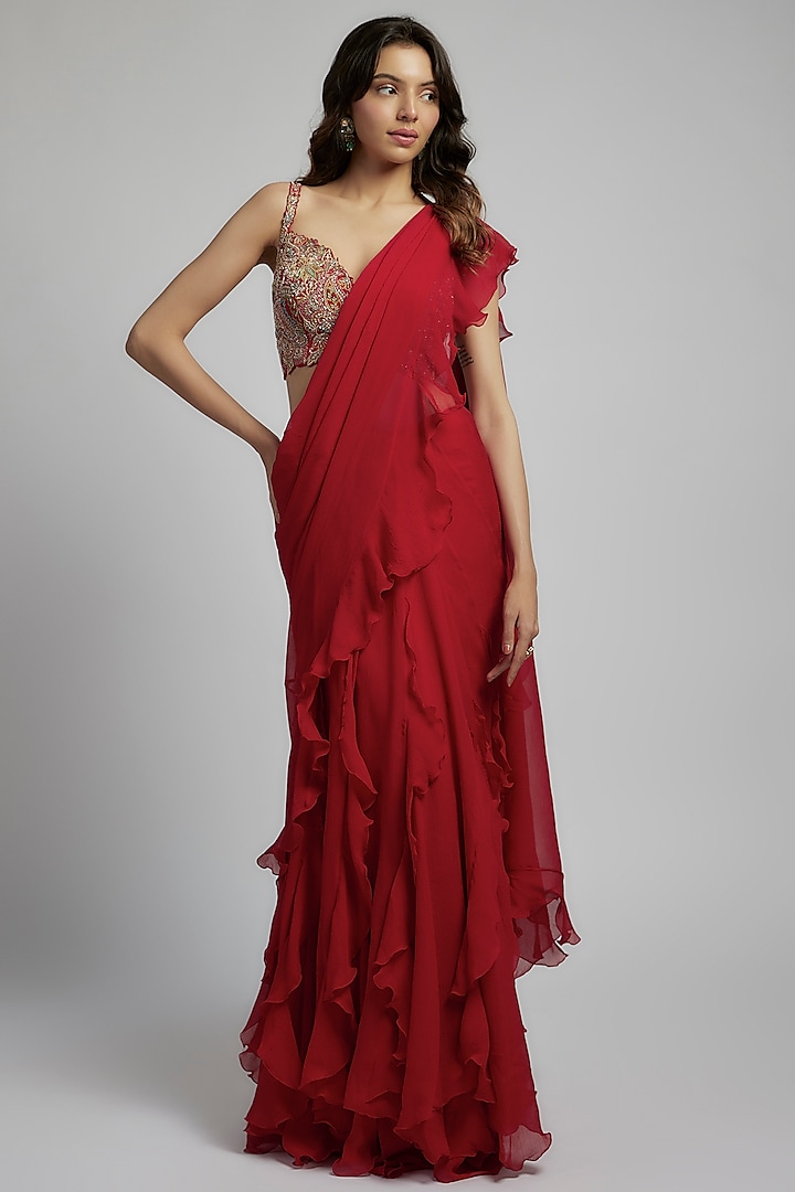 Red Chiffon Ruffled Saree Set by Mrunalini Rao at Pernia's Pop Up Shop