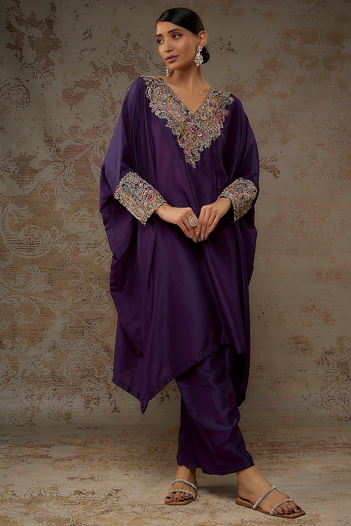 Purple Pure Silk Pearl & Zardosi Embroidered Kaftan Set by Mrunalini Rao
