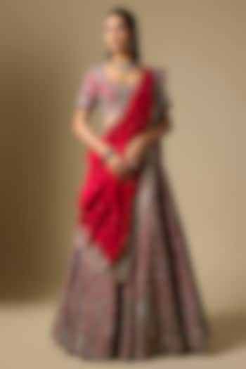 Red Raw Silk Embroidered Bridal Lehenga Set by Mrunalini Rao at Pernia's Pop Up Shop
