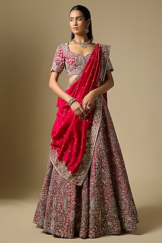 Red Raw Silk Embroidered Lehenga Set by Mrunalini Rao