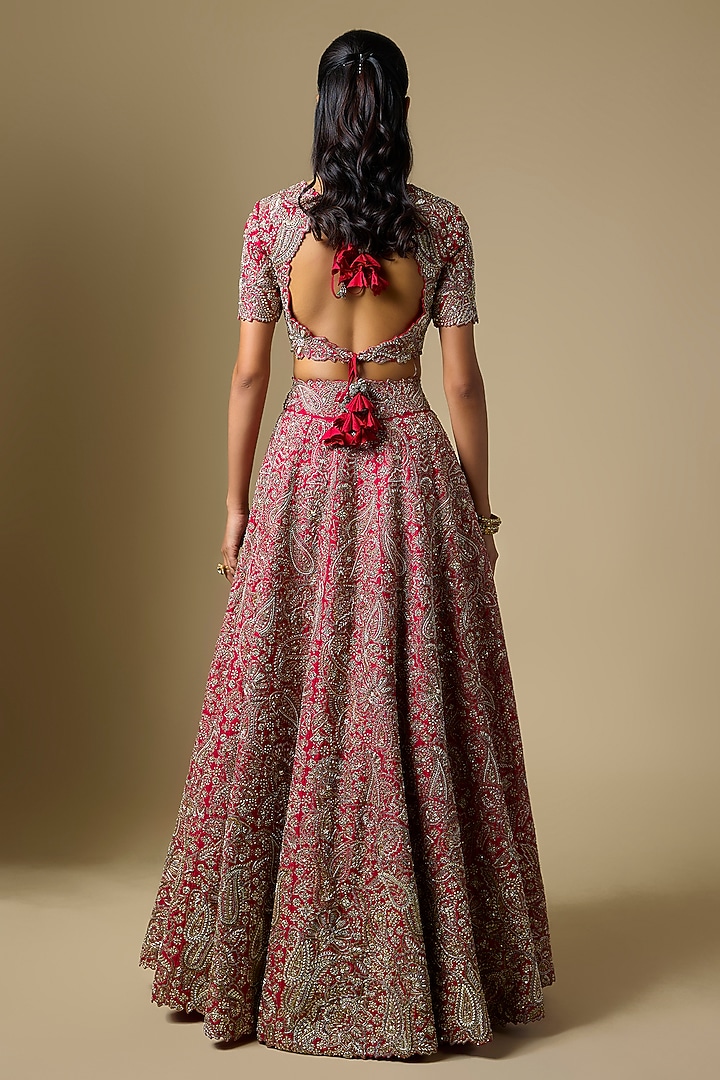 Red Raw Silk Embroidered Bridal Lehenga Set by Mrunalini Rao at Pernia's Pop Up Shop