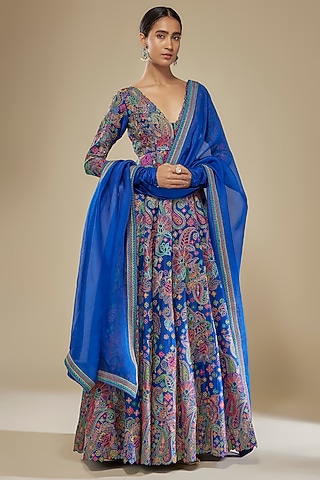 Royal Blue Pure Silk Resham Embroidered Kalidar Anarkali Set by Mrunalini Rao