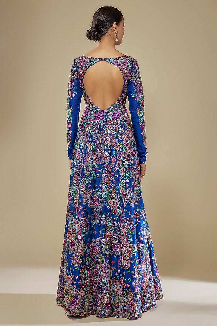 Royal Blue Pure Silk Resham Embroidered Kalidar Bridal Anarkali Set by Mrunalini Rao at Pernia's Pop Up Shop