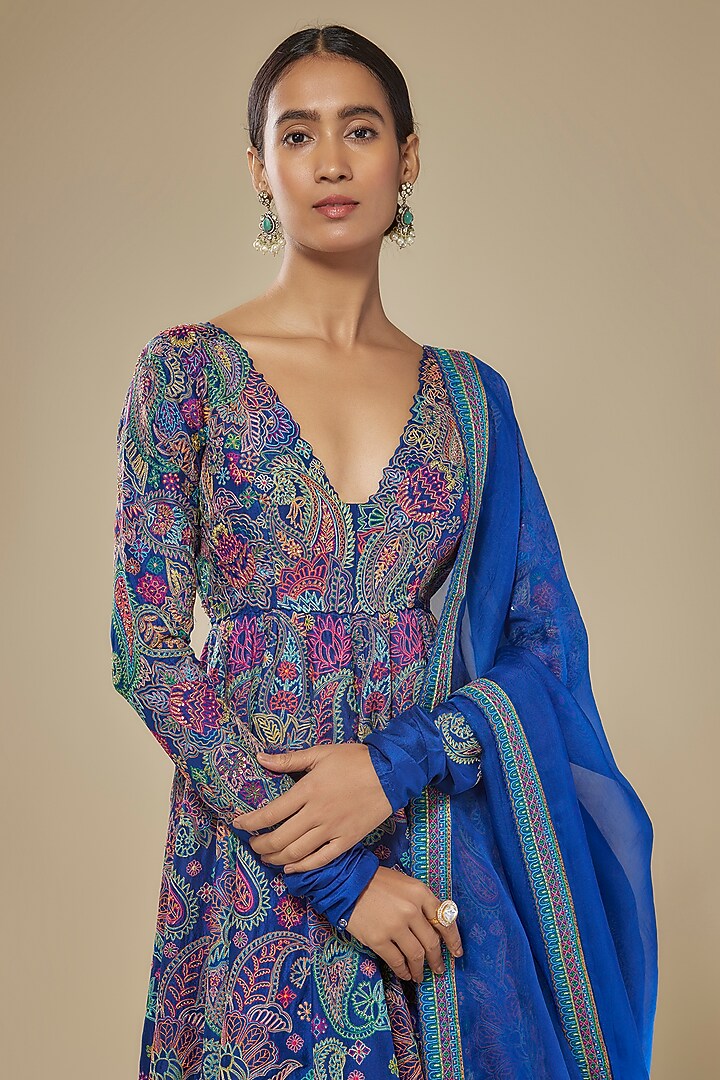 Royal Blue Pure Silk Resham Embroidered Kalidar Bridal Anarkali Set by Mrunalini Rao at Pernia's Pop Up Shop