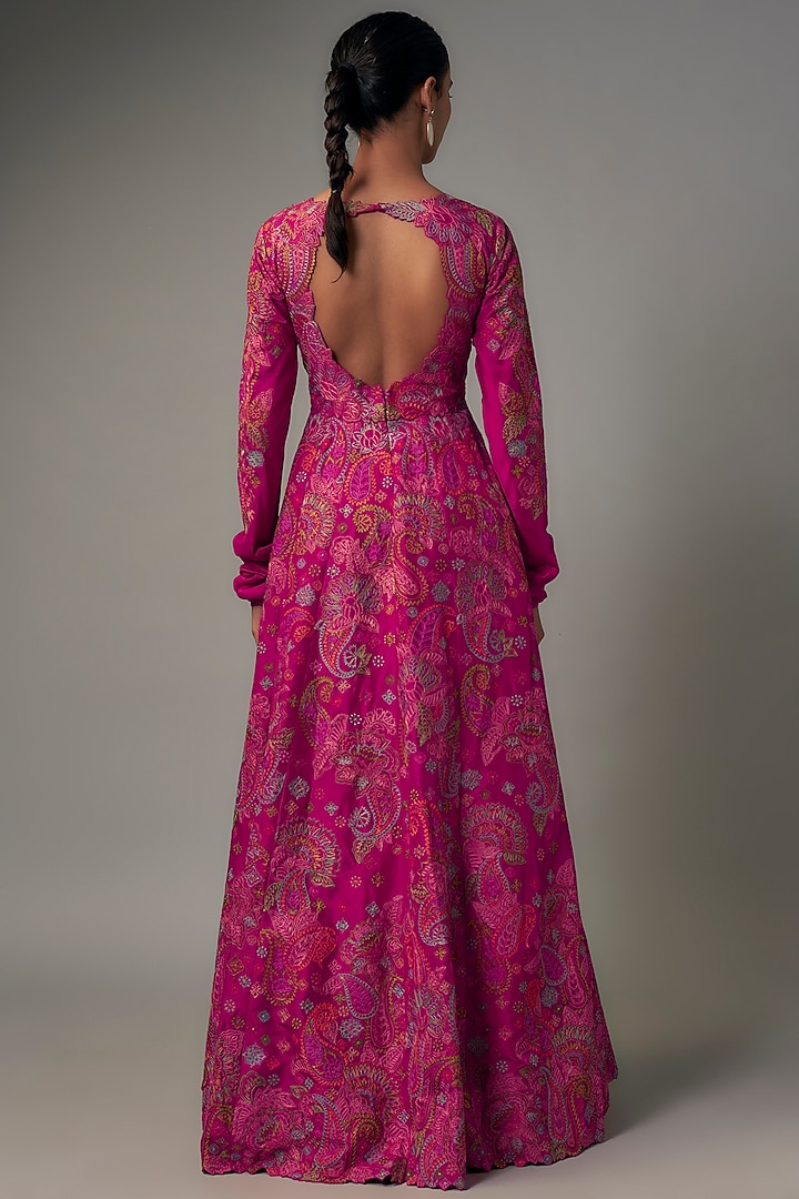 Pink Pure Silk Resham Embroidered Bridal Anarkali Set by Mrunalini Rao at Pernia's Pop Up Shop