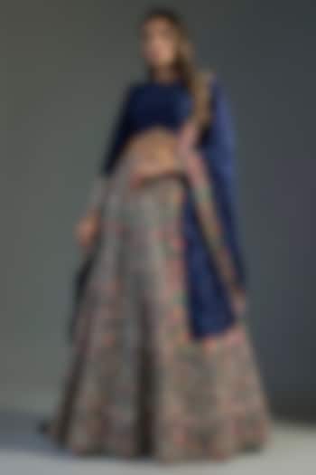 Dark Blue Silk Resham & Zardosi Hand Embroidered Bridal Lehenga Set by Mrunalini Rao at Pernia's Pop Up Shop