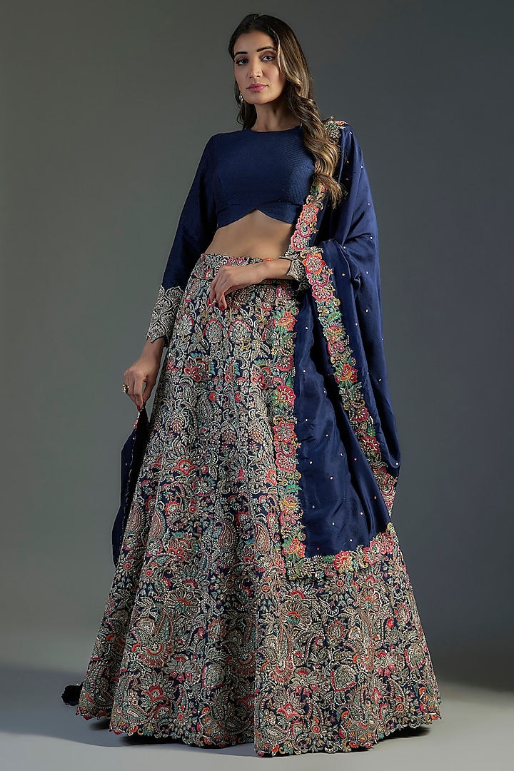 Dark Blue Silk Resham & Zardosi Hand Embroidered Bridal Lehenga Set by Mrunalini Rao at Pernia's Pop Up Shop