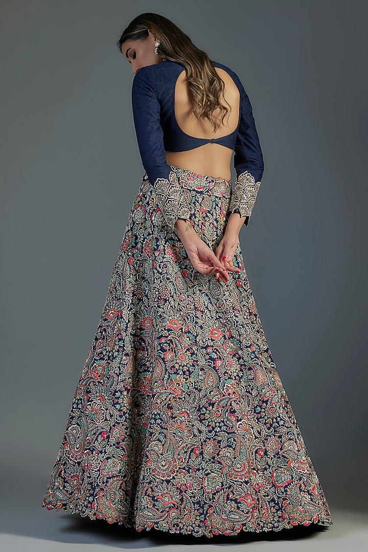 Dark Blue Silk Resham & Zardosi Hand Embroidered Bridal Lehenga Set by Mrunalini Rao at Pernia's Pop Up Shop