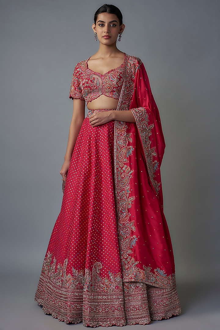 Hot Pink Silk Sequins & Bandhani Embroidered Bridal Lehenga Set by Mrunalini Rao at Pernia's Pop Up Shop