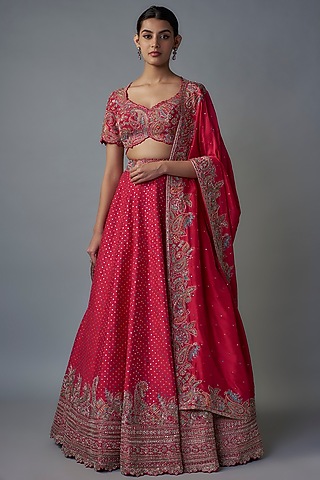 Hot Pink Silk Sequins & Bandhani Embroidered Lehenga Set by Mrunalini Rao