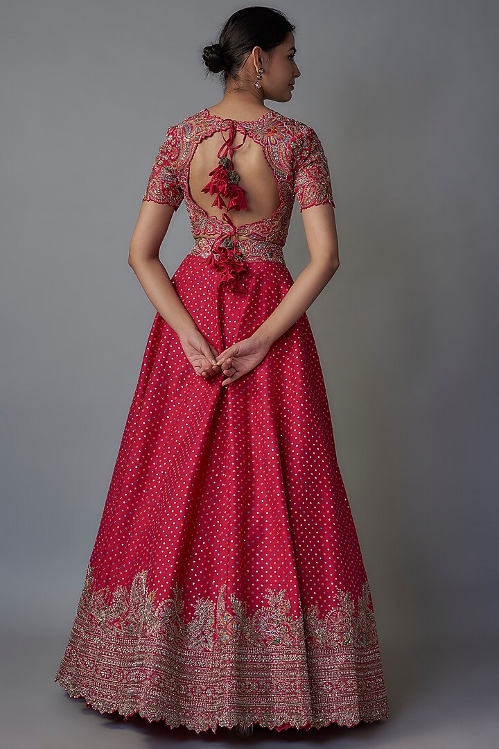 Hot Pink Silk Sequins & Bandhani Embroidered Bridal Lehenga Set by Mrunalini Rao at Pernia's Pop Up Shop