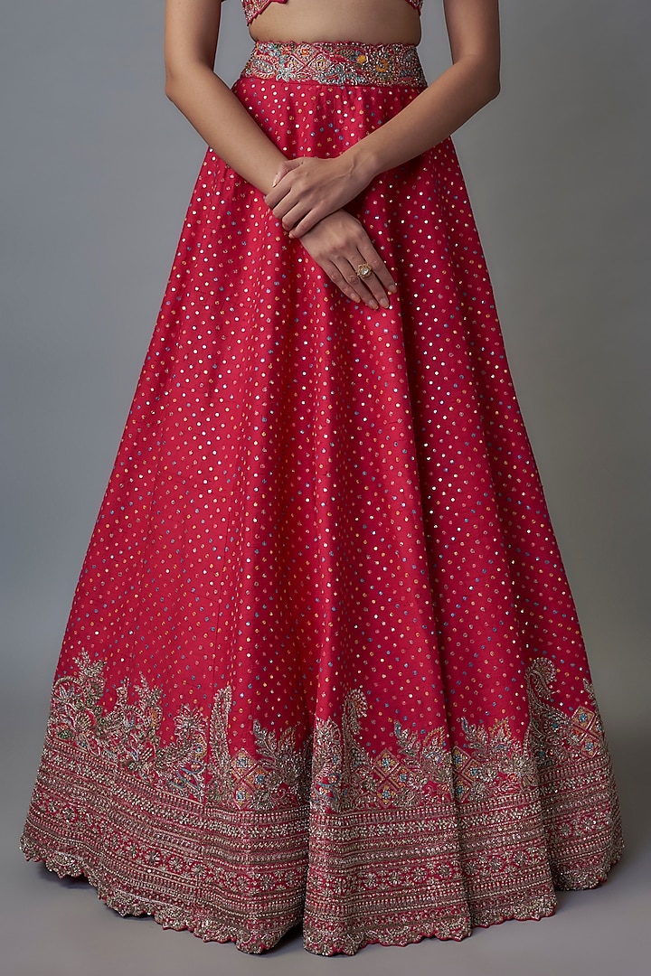 Hot Pink Silk Sequins & Bandhani Embroidered Bridal Lehenga Set by Mrunalini Rao at Pernia's Pop Up Shop