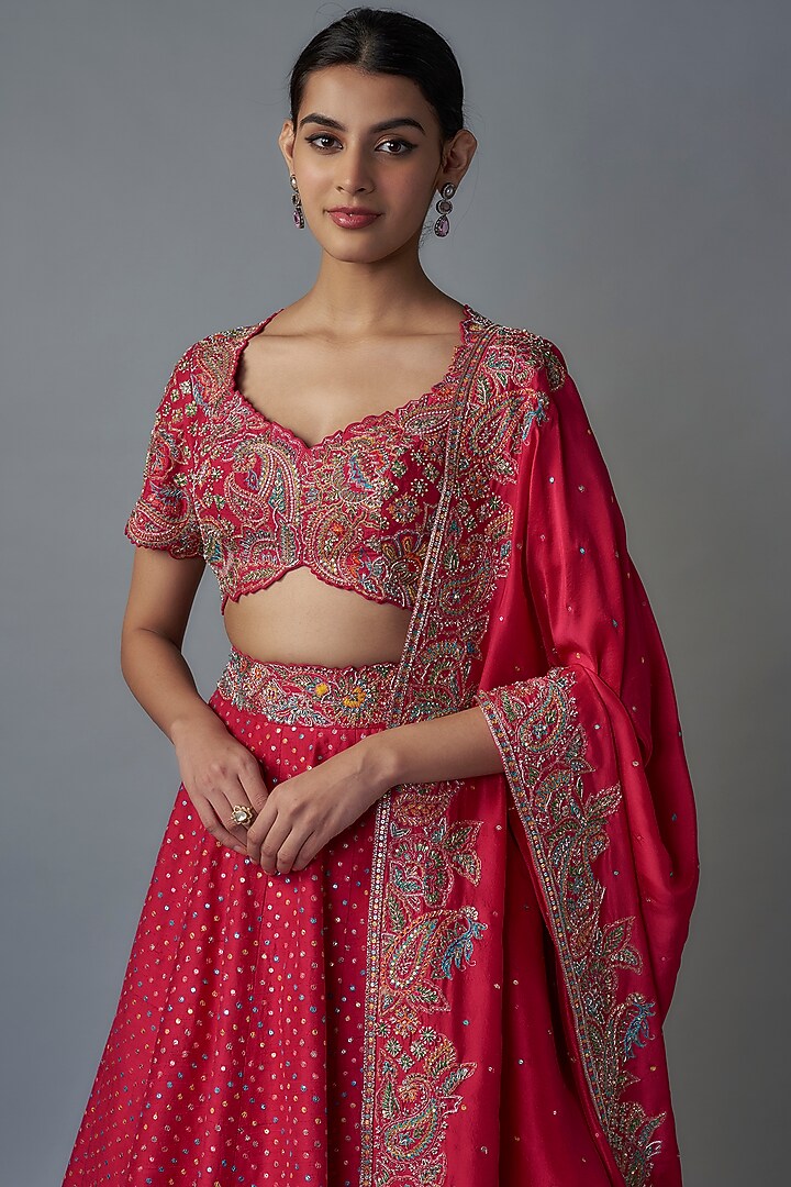Hot Pink Silk Sequins & Bandhani Embroidered Bridal Lehenga Set by Mrunalini Rao at Pernia's Pop Up Shop