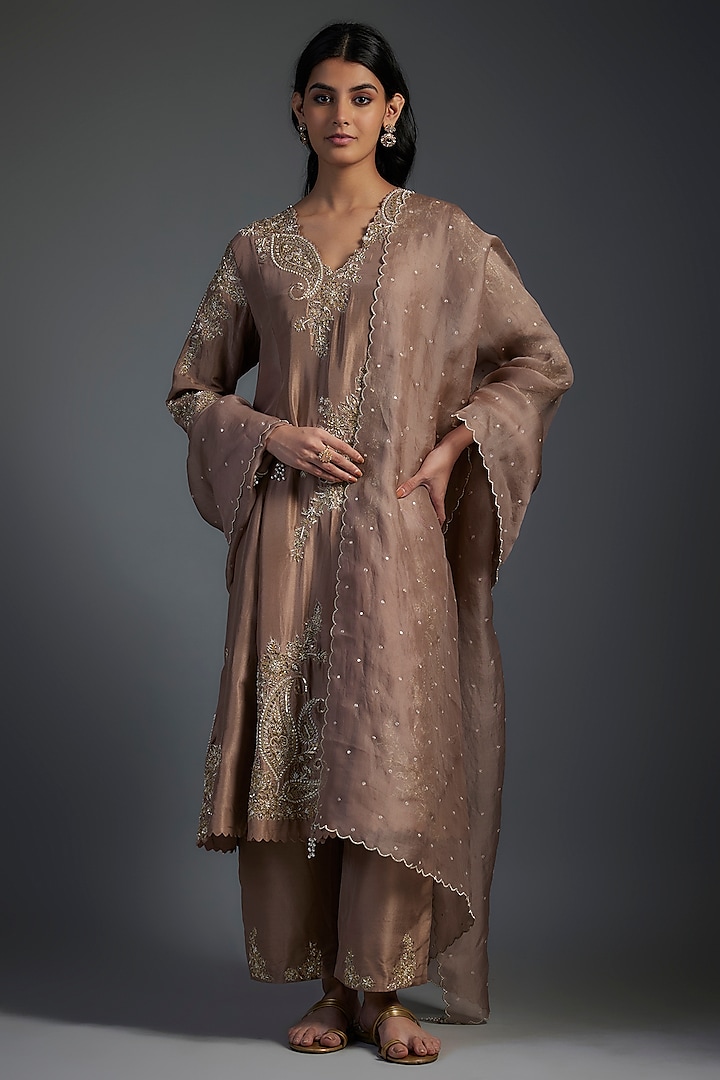 Tan Pink Pure Silk Zardosi Hand Embroidered A-LIne Kurta Set by Mrunalini Rao at Pernia's Pop Up Shop