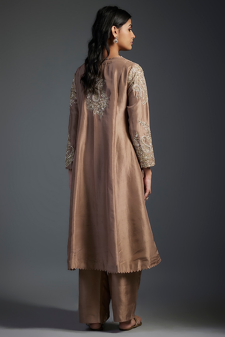 Tan Pink Pure Silk Zardosi Hand Embroidered A-LIne Kurta Set by Mrunalini Rao at Pernia's Pop Up Shop