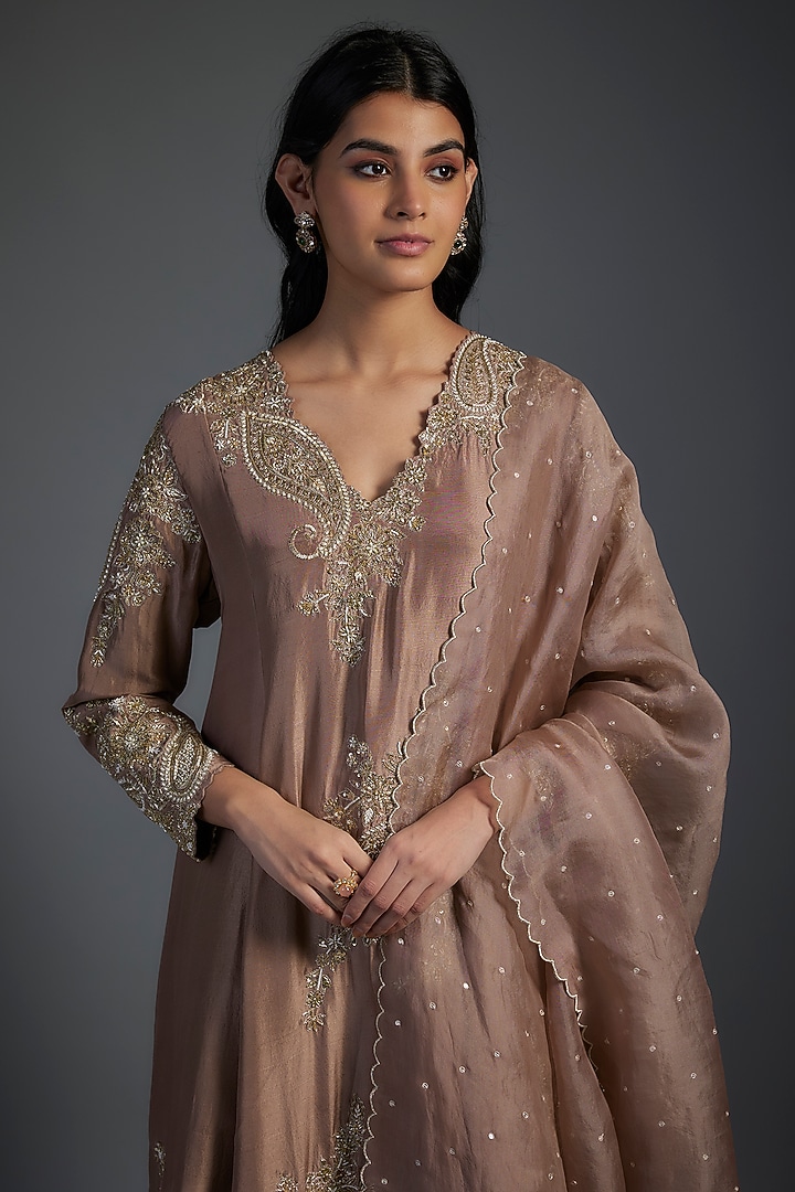 Tan Pink Pure Silk Zardosi Hand Embroidered A-LIne Kurta Set by Mrunalini Rao at Pernia's Pop Up Shop