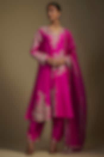 Fuchsia Pink Pure Silk Zardosi Hand Embroidered A-Line Kurta Set by Mrunalini Rao at Pernia's Pop Up Shop