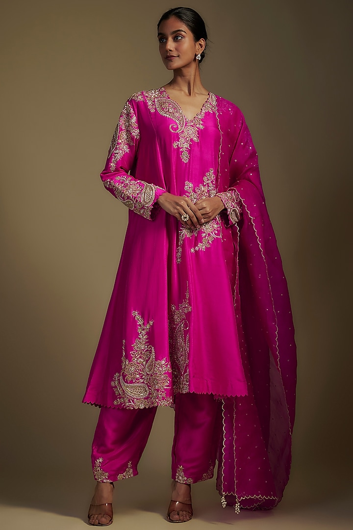 Fuchsia Pink Pure Silk Zardosi Hand Embroidered A-Line Kurta Set by Mrunalini Rao at Pernia's Pop Up Shop