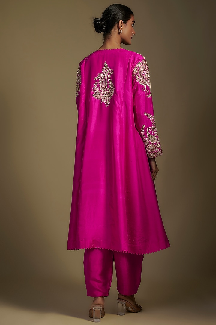Fuchsia Pink Pure Silk Zardosi Hand Embroidered A-Line Kurta Set by Mrunalini Rao at Pernia's Pop Up Shop