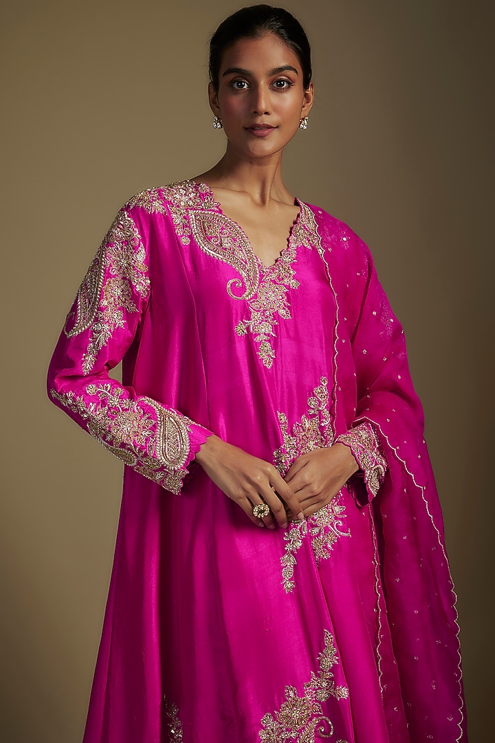 Fuchsia Pink Pure Silk Zardosi Hand Embroidered A-Line Kurta Set by Mrunalini Rao at Pernia's Pop Up Shop