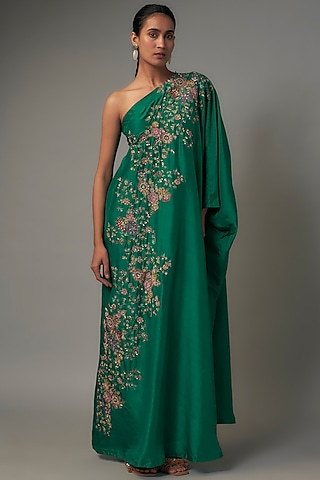 Green Pure Silk Resham Embroidered One-Shoulder Kaftan by Mrunalini Rao