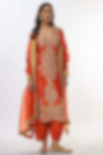 Orange Pure Silk Pearl hand Embroidered Kurta Set by Mrunalini Rao at Pernia's Pop Up Shop