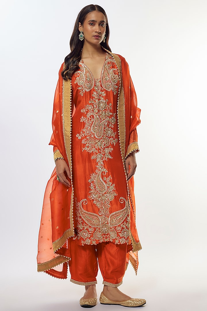 Orange Pure Silk Pearl hand Embroidered Kurta Set by Mrunalini Rao at Pernia's Pop Up Shop